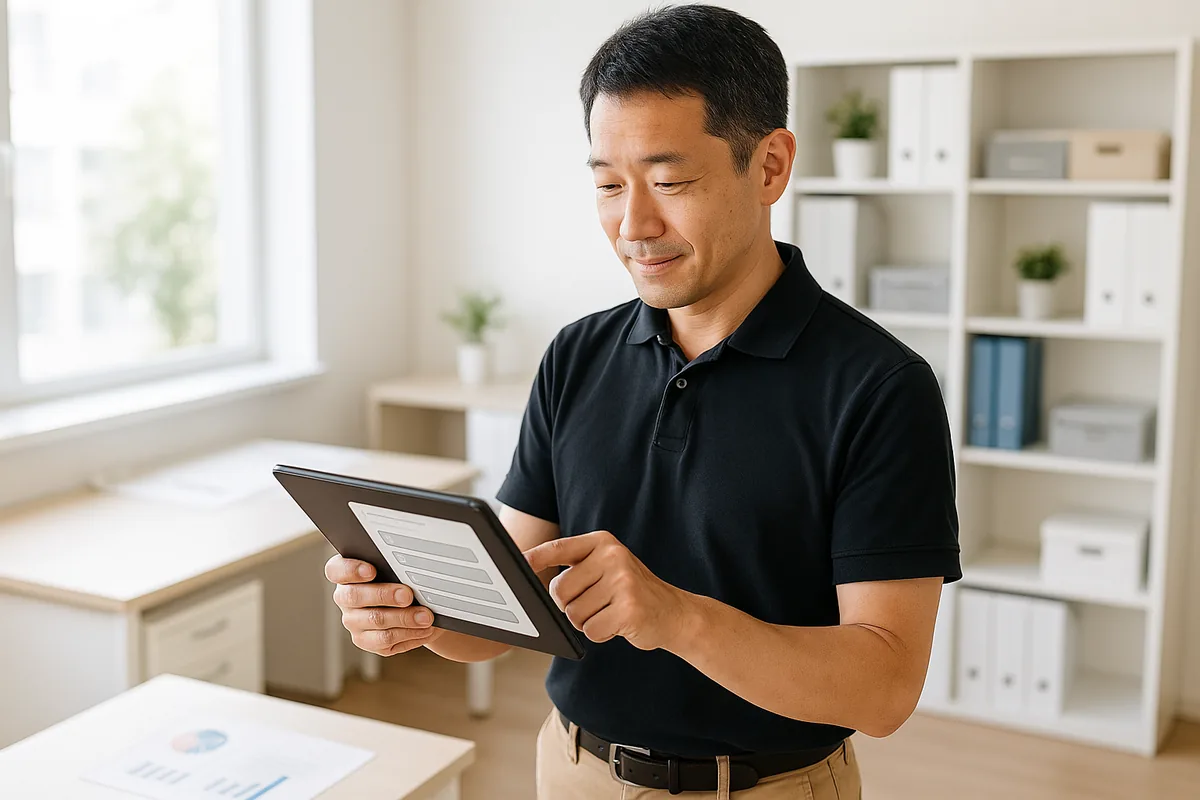 タブレットで確認テストに答える加盟店さま（イメージ）
