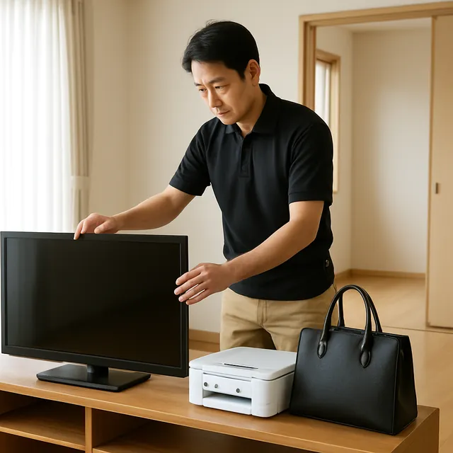 足立区でテレビボード・プリンター・ブランドバッグを確認する出張買取＋遺品整理の事例イメージ