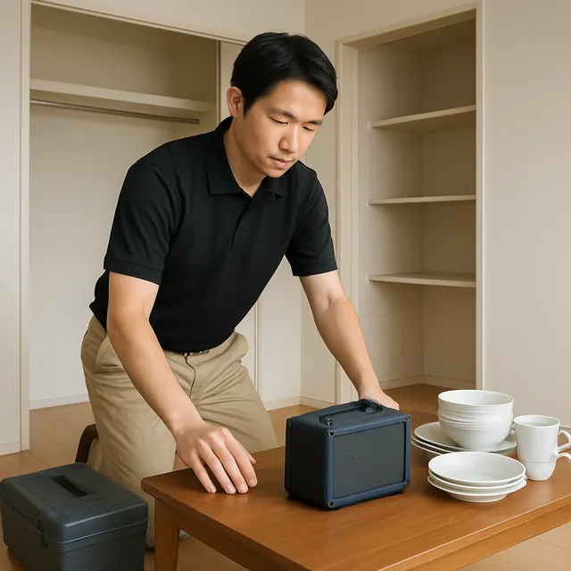 荒川区でローテーブル・アンプ・食器セットを確認する出張買取＋家片付けの事例イメージ