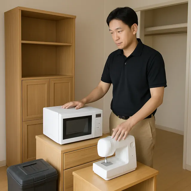 荒川区でレンジ台・キャビネット・ミシンを確認する出張買取＋不用品回収の事例イメージ