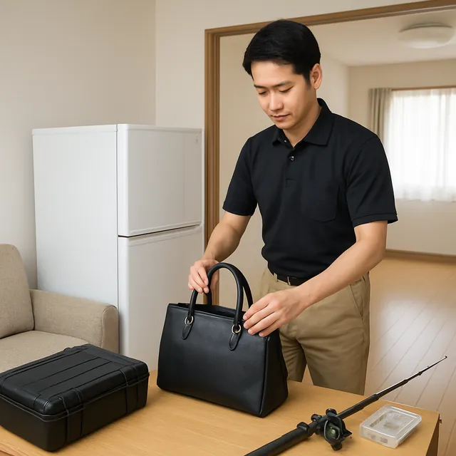 荒川区で冷蔵庫・ブランドバッグ・釣具を確認する出張買取＋不用品回収の事例イメージ