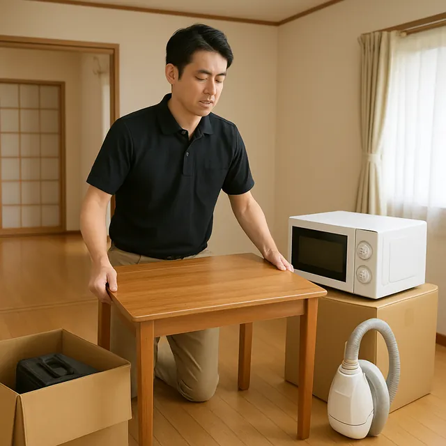 荒川区でダイニングテーブル・電子レンジ・掃除機を確認する出張買取＋不用品回収の事例イメージ