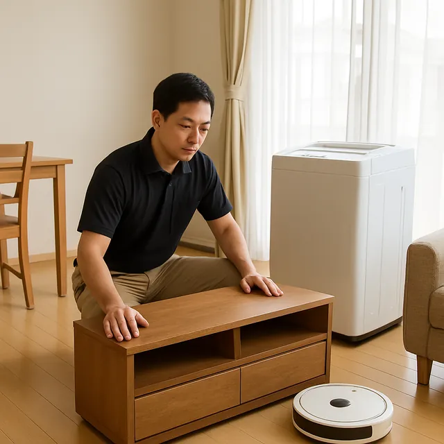 茅ヶ崎市でテレビボード・縦型洗濯機・ロボット掃除機を確認する出張買取＋遺品整理の事例イメージ