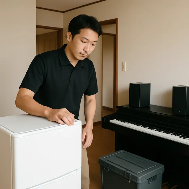 茅ヶ崎市で冷蔵庫・電子ピアノ・スピーカーを確認する出張買取＋不用品回収の事例イメージ