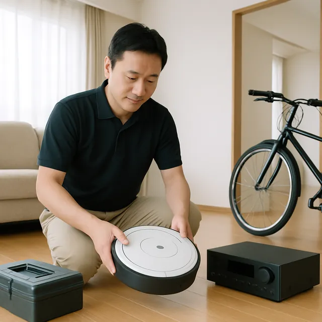 千代田区でロボット掃除機・アンプ・自転車を確認する出張買取＋不用品回収の事例イメージ