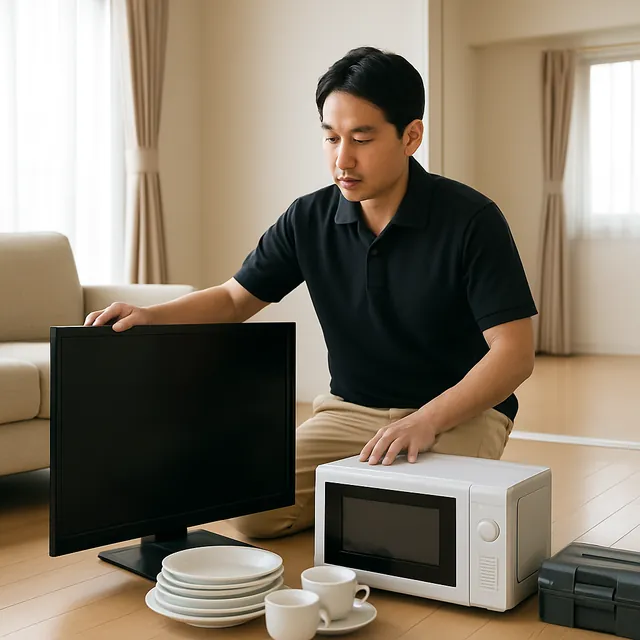 中央区で液晶テレビ・オーブンレンジ・食器セットを確認する出張買取＋家片付けの事例イメージ