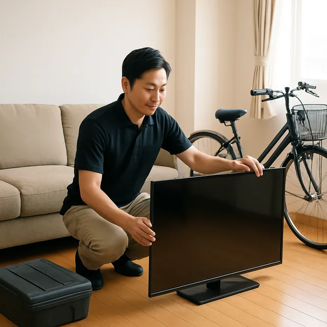 中央区で3人掛けソファ・有機ELテレビ・自転車を確認する出張買取＋遺品整理の事例イメージ