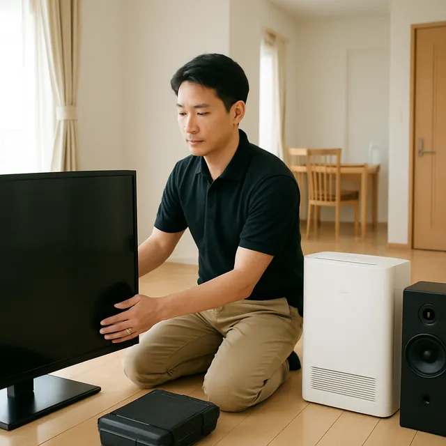 中央区で液晶テレビ・空気清浄機・スピーカーを確認する出張買取＋引越しの事例イメージ