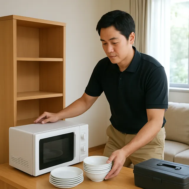 中央区で本棚・電子レンジ・食器セットを確認する出張買取＋引越しの事例イメージ