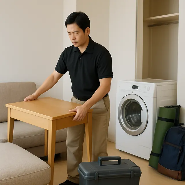中央区でデスク・ドラム式洗濯機・アウトドア用品を確認する出張買取＋引越しの事例イメージ