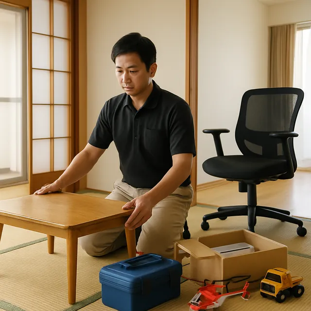 海老名市でローテーブル・オフィスチェア・ホビー用品を確認する出張買取＋家片付けの事例イメージ