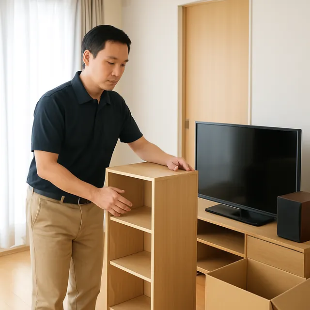 江戸川区で本棚・テレビボード・スピーカーを確認する出張買取＋引越しの事例イメージ