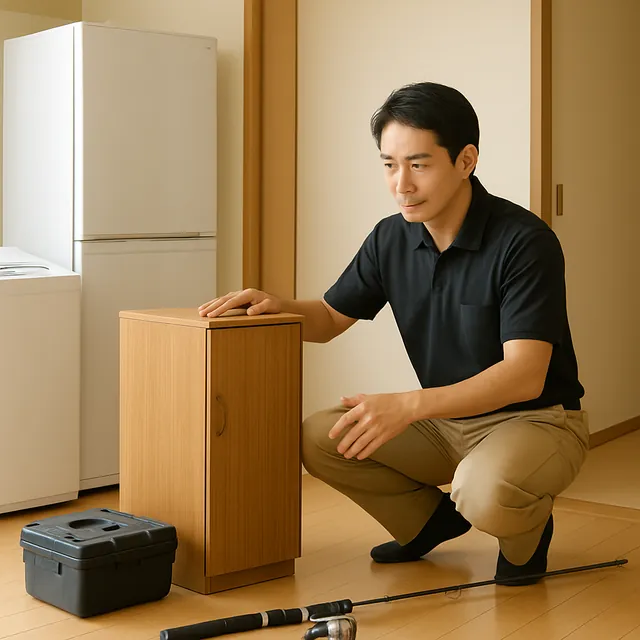 江戸川区でキャビネット・液晶テレビ・釣具を確認する出張買取＋不用品回収の事例イメージ