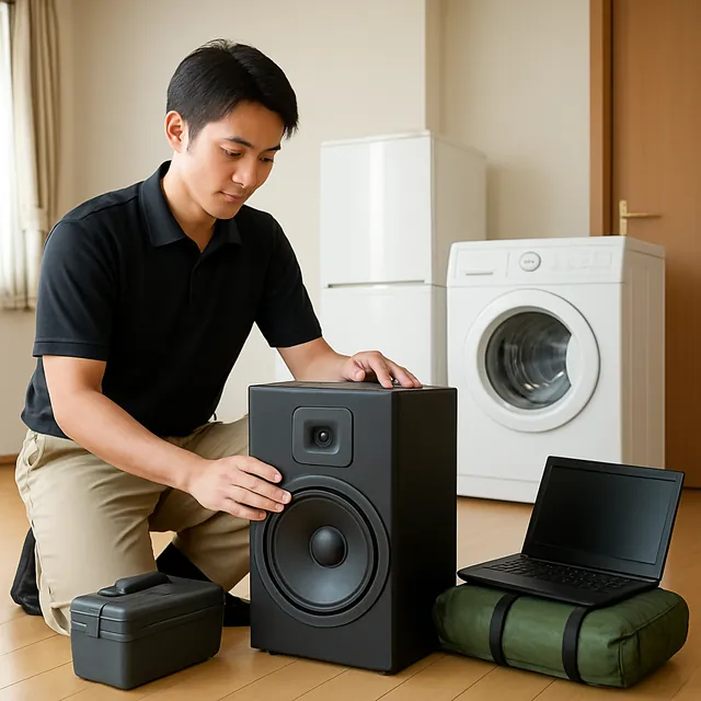 藤沢市でスピーカー・パソコン・アウトドア用品を確認する出張買取＋家片付けの事例イメージ