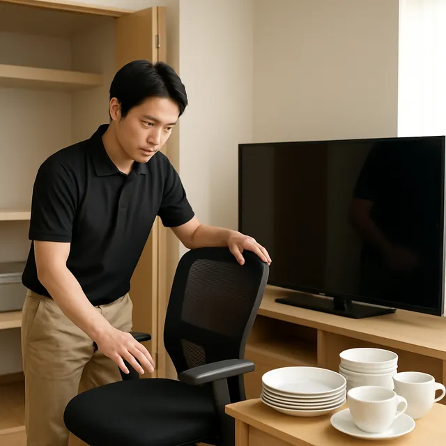 藤沢市でオフィスチェア・有機ELテレビ・食器セットを確認する出張買取＋家片付けの事例イメージ