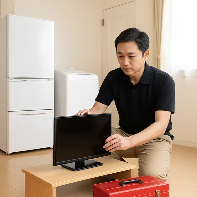 船橋市でレンジ台・有機ELテレビ・工具箱を確認する出張買取＋家片付けの事例イメージ