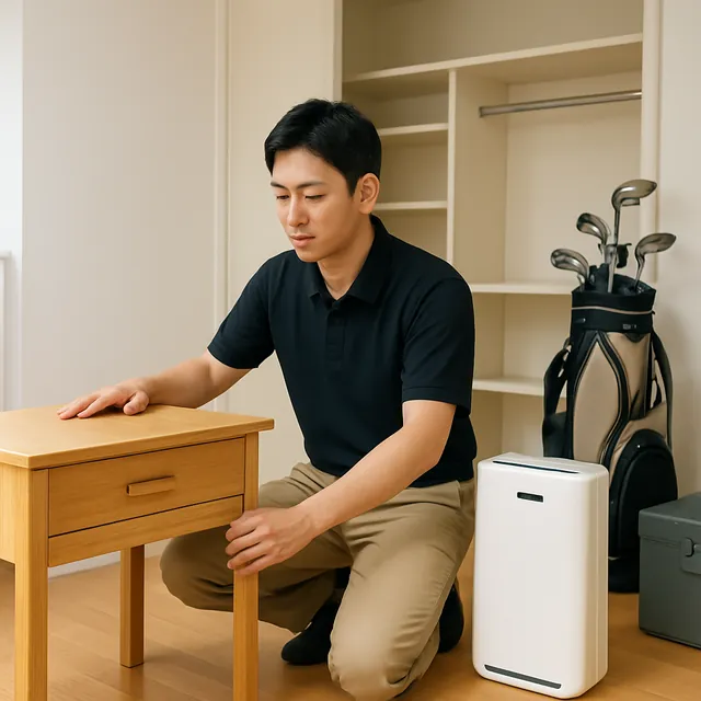 船橋市でデスク・空気清浄機・ゴルフ用品を確認する出張買取＋家片付けの事例イメージ