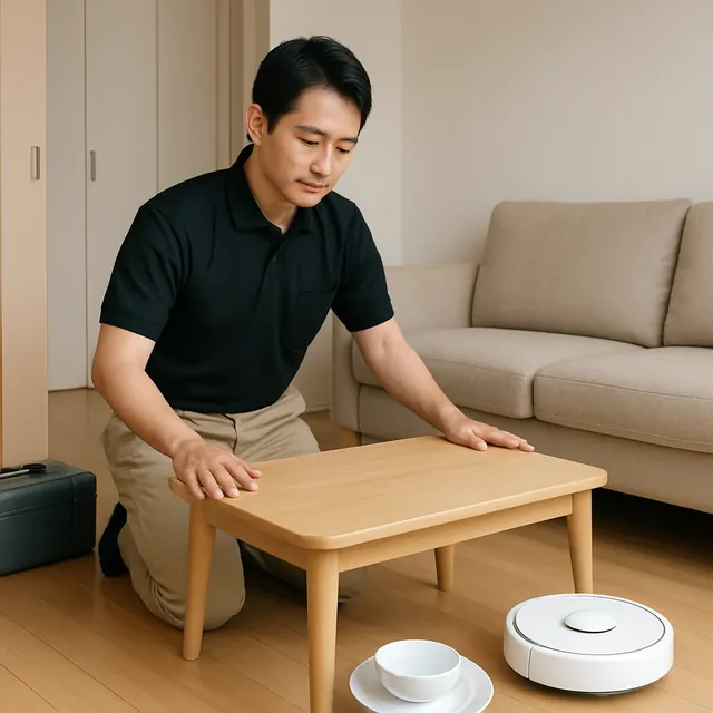 船橋市でローテーブル・ロボット掃除機・食器セットを確認する出張買取＋引越しの事例イメージ