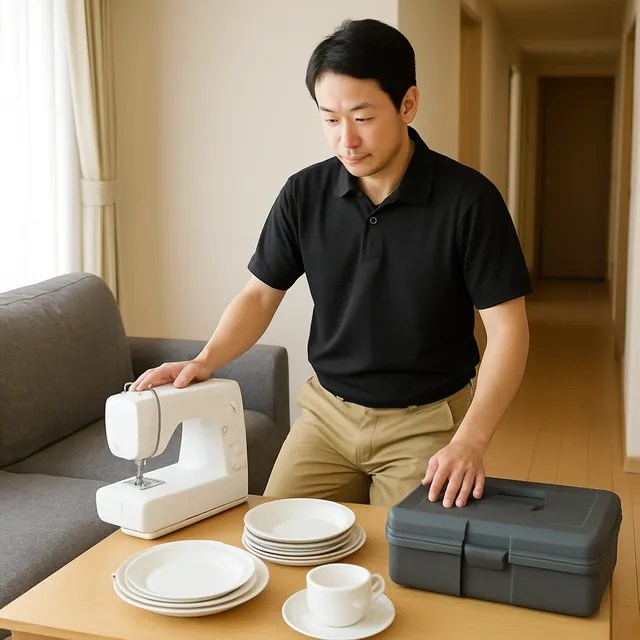 船橋市でカウチソファ・ミシン・食器セットを確認する出張買取＋不用品回収の事例イメージ