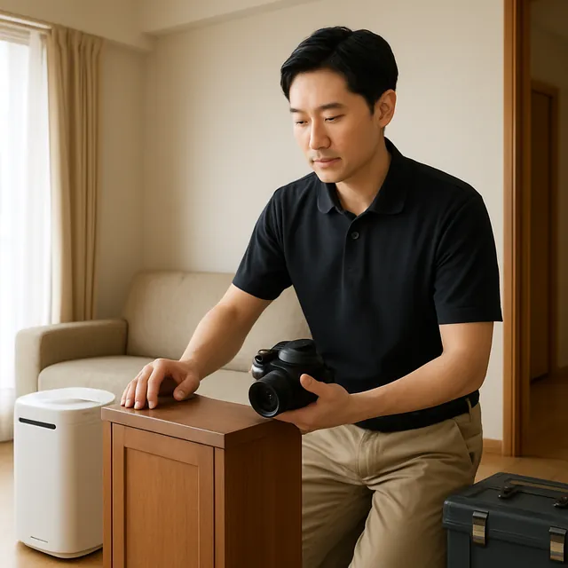 市川市でキャビネット・空気清浄機・カメラを確認する出張買取＋家片付けの事例イメージ