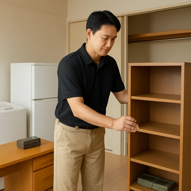 市川市で本棚・デスク・釣具を確認する出張買取＋不用品回収の事例イメージ