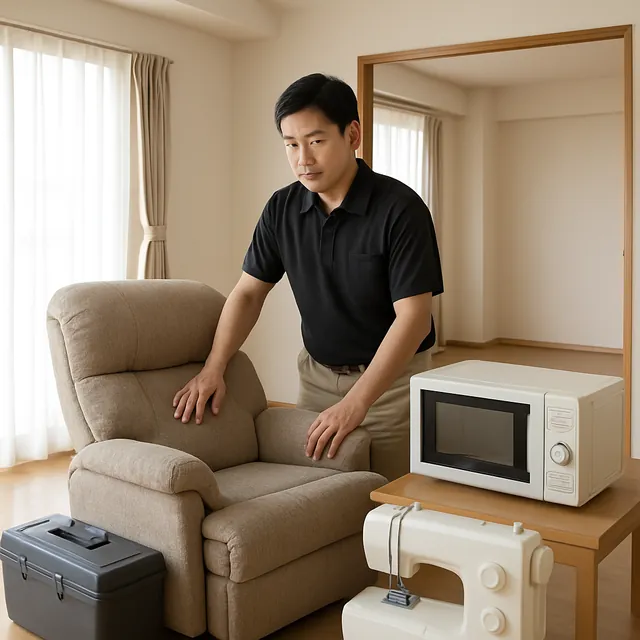 市川市でリクライニングチェア・オーブンレンジ・ミシンを確認する出張買取＋不用品回収の事例イメージ