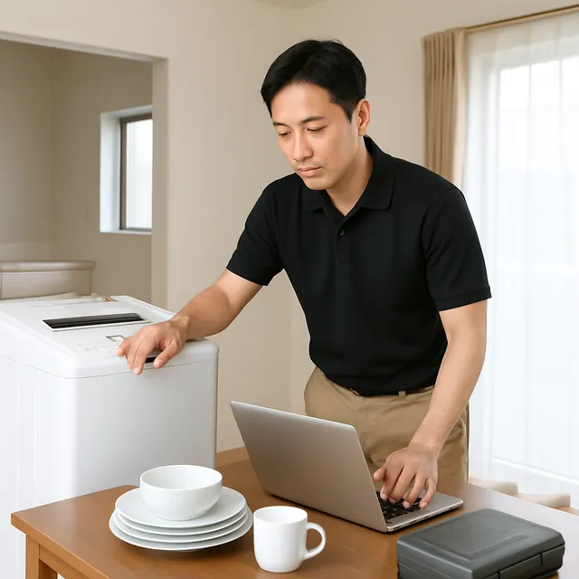 板橋区で縦型洗濯機・パソコン・食器セットを確認する出張買取＋不用品回収の事例イメージ