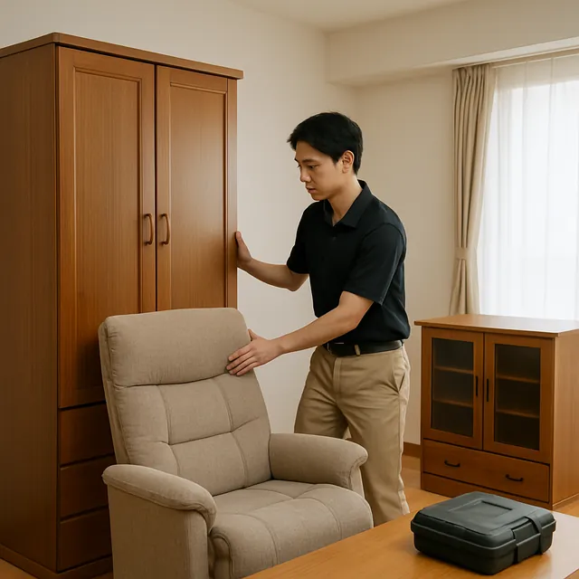 鎌ケ谷市で洋服タンス・リクライニングチェア・キャビネットを確認する出張買取＋不用品回収の事例イメージ