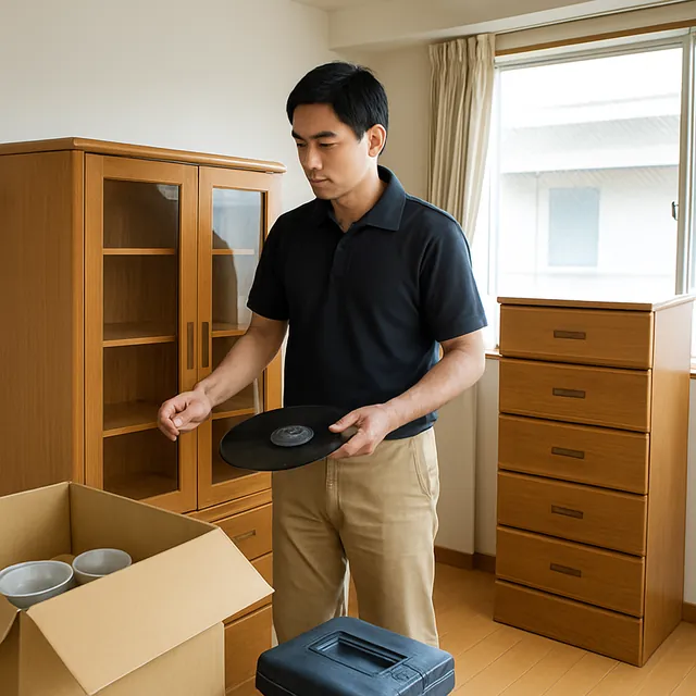 鎌ケ谷市で食器棚・洋服タンス・レコードを確認する出張買取＋不用品回収の事例イメージ