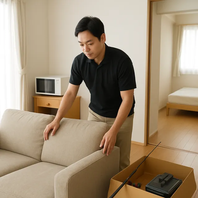 柏市で3人掛けソファ・レンジ台・釣具を確認する出張買取＋遺品整理の事例イメージ