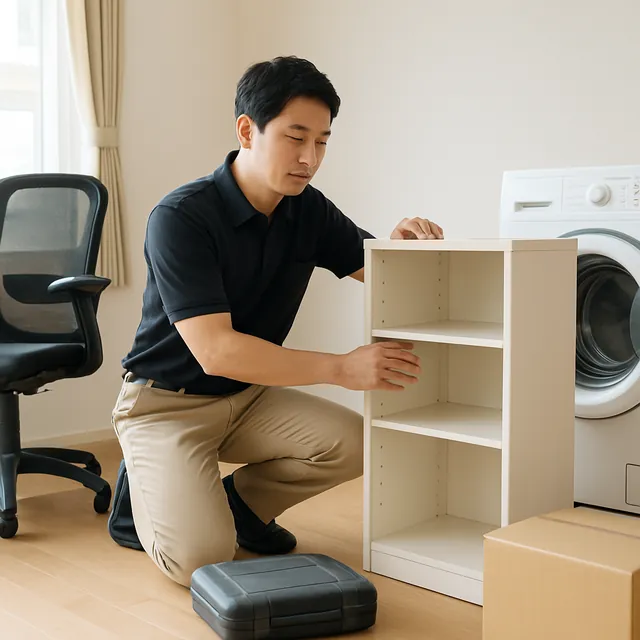 柏市で食器棚・オフィスチェア・ドラム式洗濯機を確認する出張買取＋引越しの事例イメージ