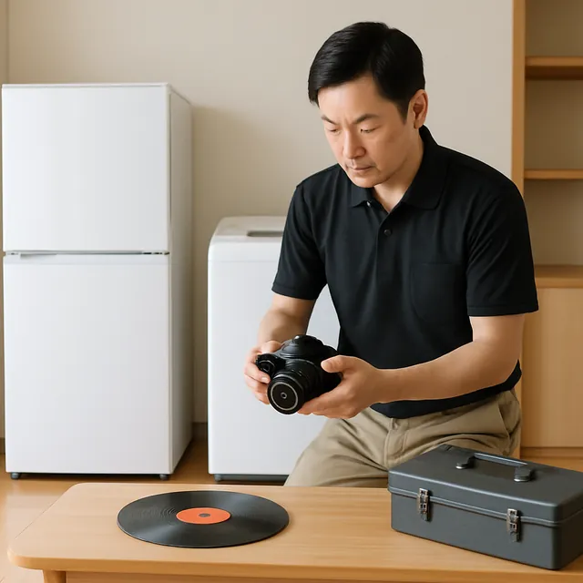 柏市でローテーブル・カメラ・レコードを確認する出張買取＋不用品回収の事例イメージ