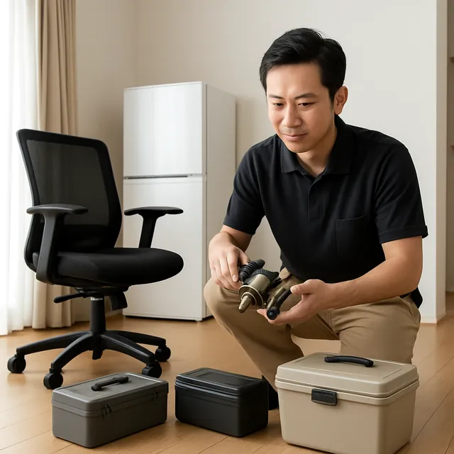 柏市でオフィスチェア・冷蔵庫・釣具を確認する出張買取＋不用品回収の事例イメージ
