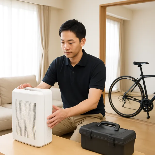 春日部市で空気清浄機・工具箱・自転車を確認する出張買取＋家片付けの事例イメージ