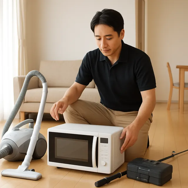 春日部市でオーブンレンジ・掃除機・釣具を確認する出張買取＋引越しの事例イメージ