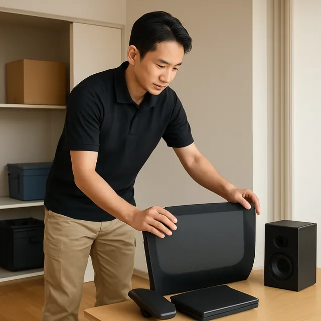 春日部市でオフィスチェア・スピーカー・パソコンを確認する出張買取＋不用品回収の事例イメージ