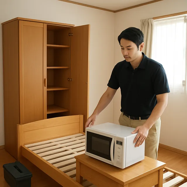 春日部市で食器棚・ベッドフレーム・電子レンジを確認する出張買取＋不用品回収の事例イメージ