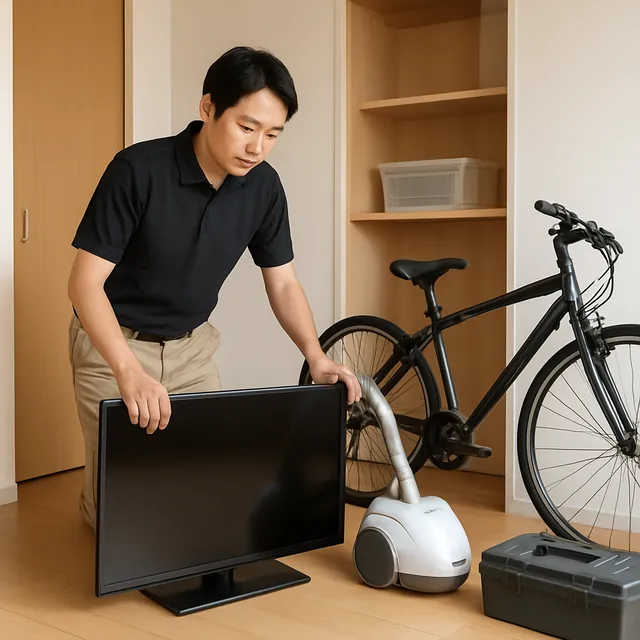 川口市で液晶テレビ・掃除機・自転車を確認する出張買取＋家片付けの事例イメージ