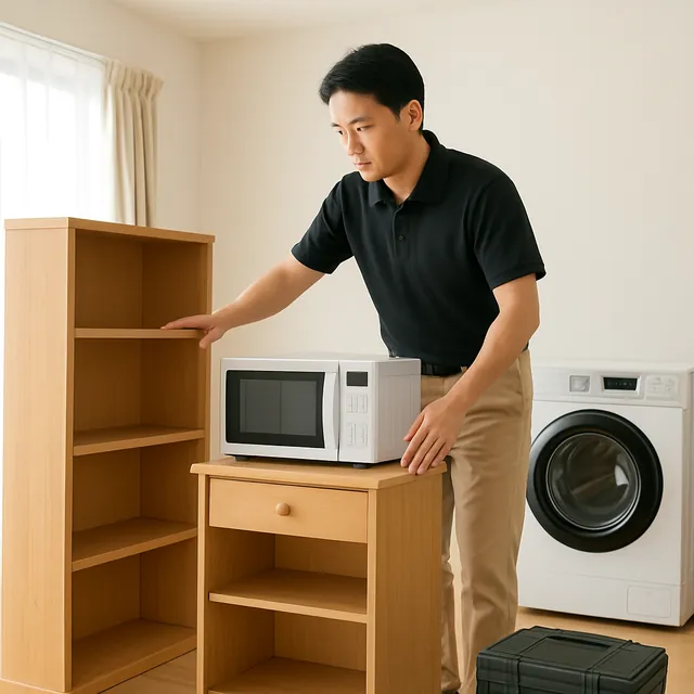川口市で本棚・レンジ台・ドラム式洗濯機を確認する出張買取＋遺品整理の事例イメージ