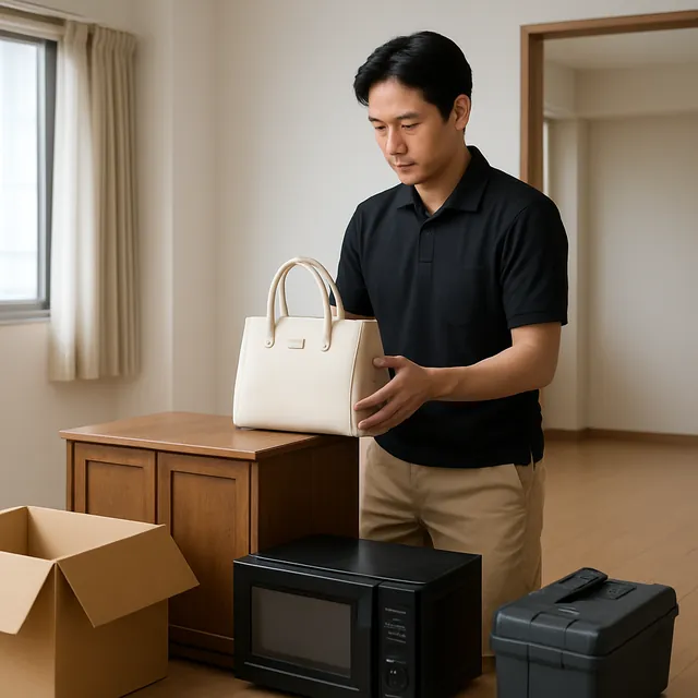 川崎市でキャビネット・オーブンレンジ・ブランドバッグを確認する出張買取＋遺品整理の事例イメージ