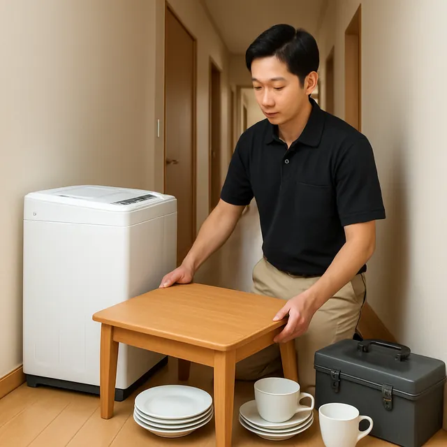 木更津市でローテーブル・縦型洗濯機・食器セットを確認する出張買取の事例イメージ