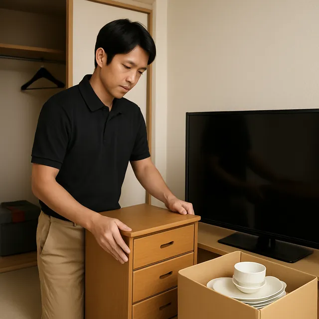 小金井市で洋服タンス・有機ELテレビ・食器セットを確認する出張買取＋家片付けの事例イメージ