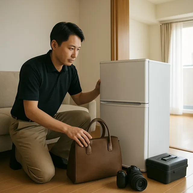 小金井市で冷蔵庫・ブランドバッグ・カメラを確認する出張買取＋不用品回収の事例イメージ