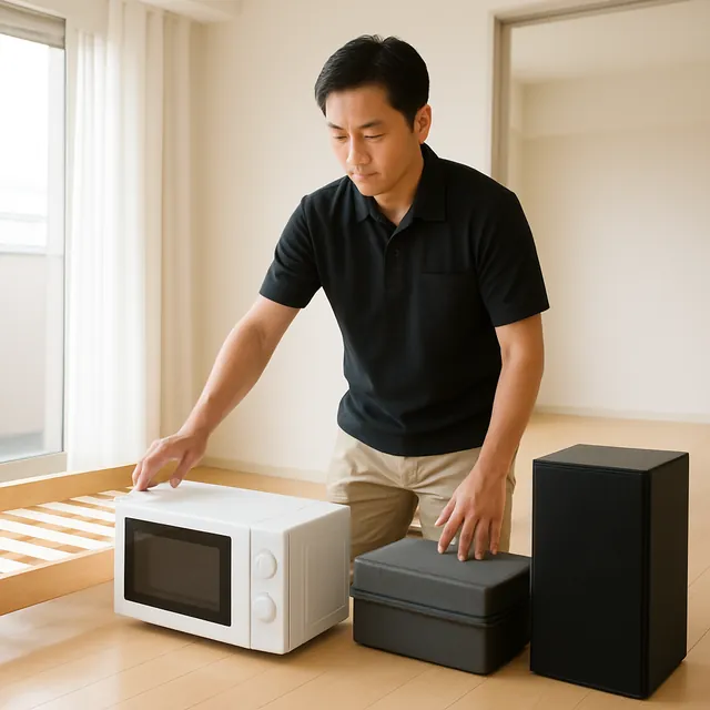 狛江市でベッドフレーム・電子レンジ・スピーカーを確認する出張買取＋家片付けの事例イメージ