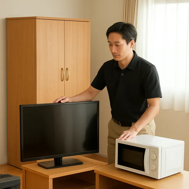 狛江市で洋服タンス・液晶テレビ・オーブンレンジを確認する出張買取＋遺品整理の事例イメージ