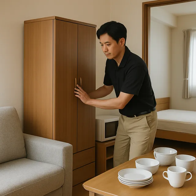 狛江市で洋服タンス・レンジ台・食器セットを確認する出張買取＋不用品回収の事例イメージ
