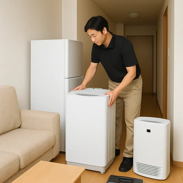 越谷市で冷蔵庫・縦型洗濯機・空気清浄機を確認する出張買取＋家片付けの事例イメージ
