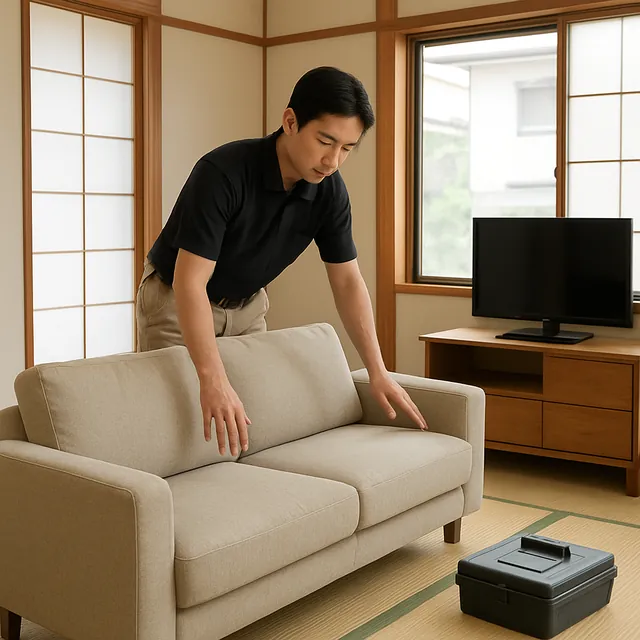 越谷市で3人掛けソファ・カウチソファ・テレビボードを確認する出張買取＋遺品整理の事例イメージ
