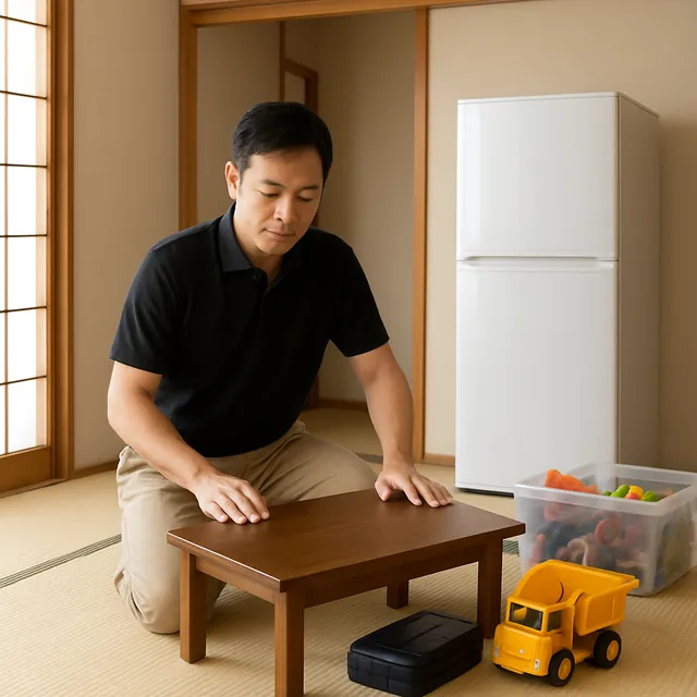 越谷市でローテーブル・冷蔵庫・ホビー用品を確認する出張買取＋引越しの事例イメージ