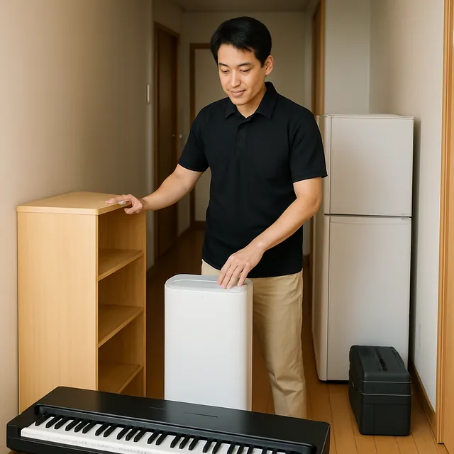 越谷市で本棚・空気清浄機・電子ピアノを確認する出張買取＋引越しの事例イメージ